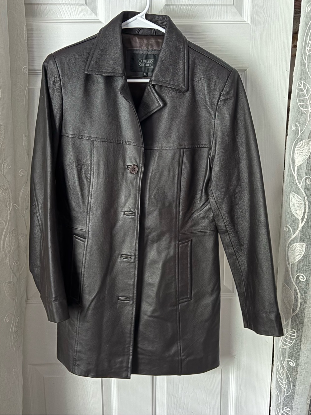 Clueless vintage mid-length black leather coat jacket button-up front women sz M